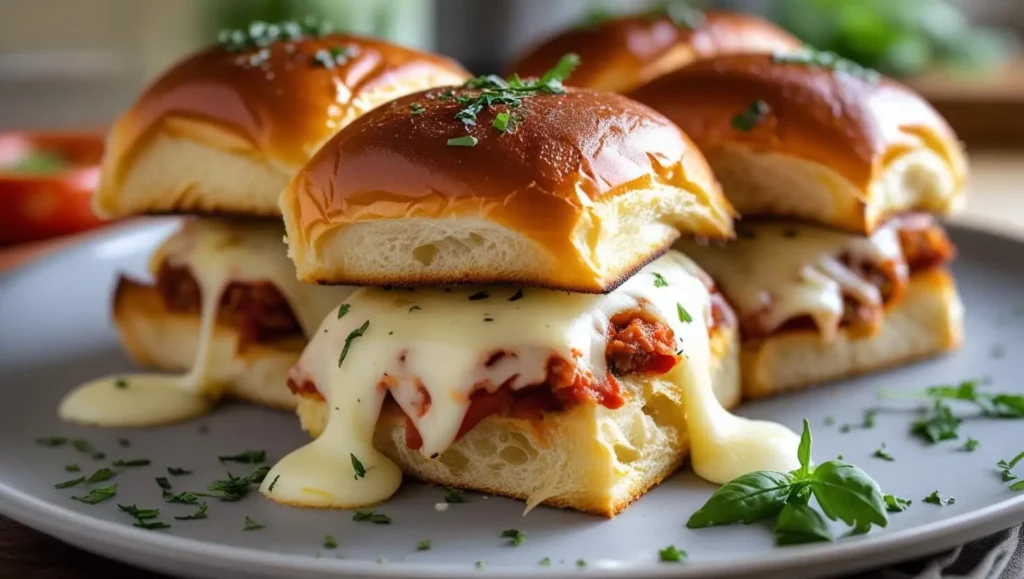 Freshly baked chopped Italian sliders, golden-brown with melted cheese, garnished with herbs and served on a plate."