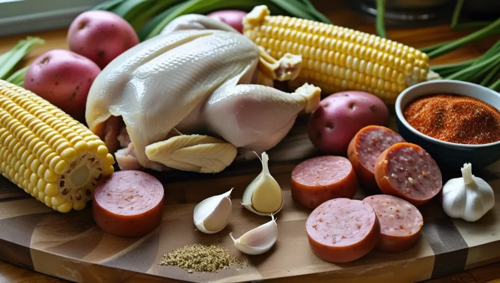 Fresh ingredients for a Cajun chicken boil, including raw chicken, corn, red potatoes, smoked sausage, garlic, and Cajun seasoning, arranged neatly on a kitchen countertop.
