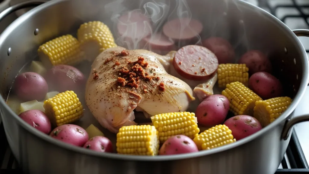A large pot on the stovetop with chicken, sausage, potatoes, and corn layered inside, with Cajun seasoning sprinkled on top.