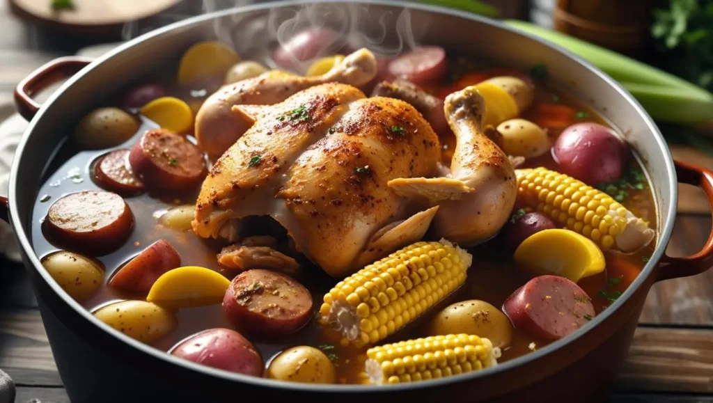 A steaming pot of Cajun chicken boil, filled with seasoned chicken, corn on the cob, sausage, and red potatoes, served on a rustic wooden table.